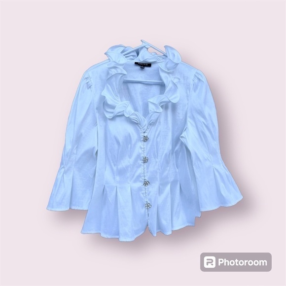 White Ruffle Evening Blouse with Rhinestone Buttons by Chetta B Blouse - Picture 1 of 9